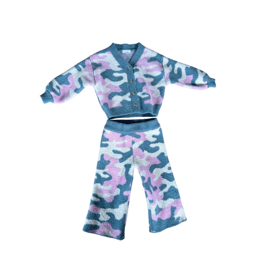 Grayson Mini Toddler Girls Camo Fuzzy Knit Cardigan and Pants Set Blue Pink 2T